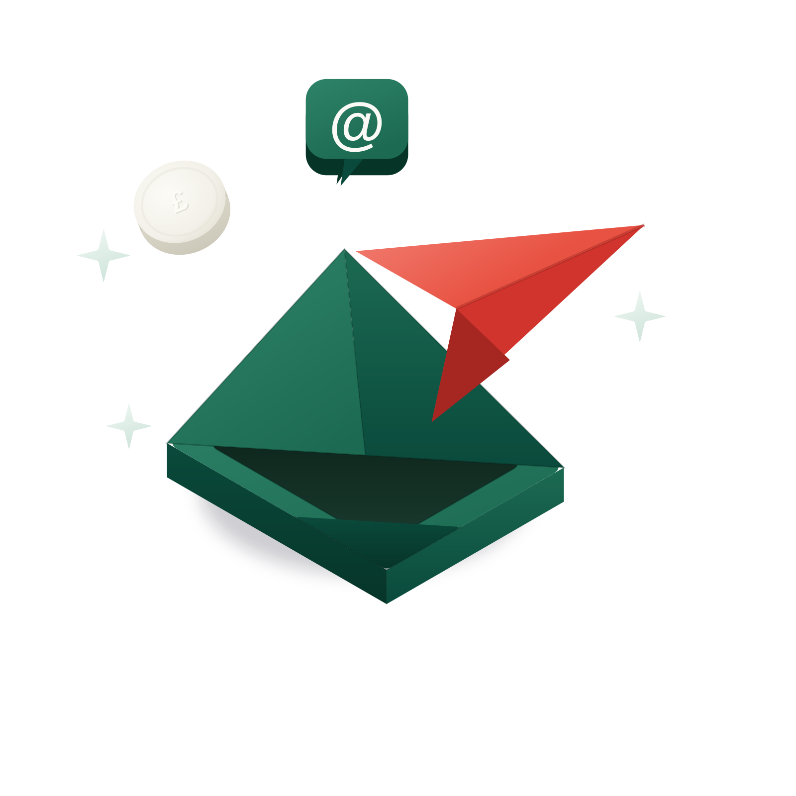 Isometric 3D illustration: an open envelope with a red paper plane and a racing-green speech chip