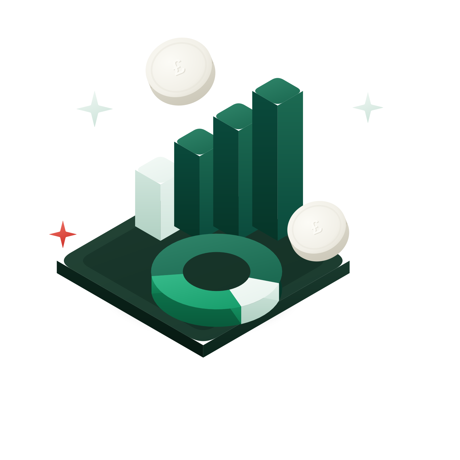Isometric 3D illustration: a rising bar chart and a ring chart with silver “£” coins on a racing-green slab